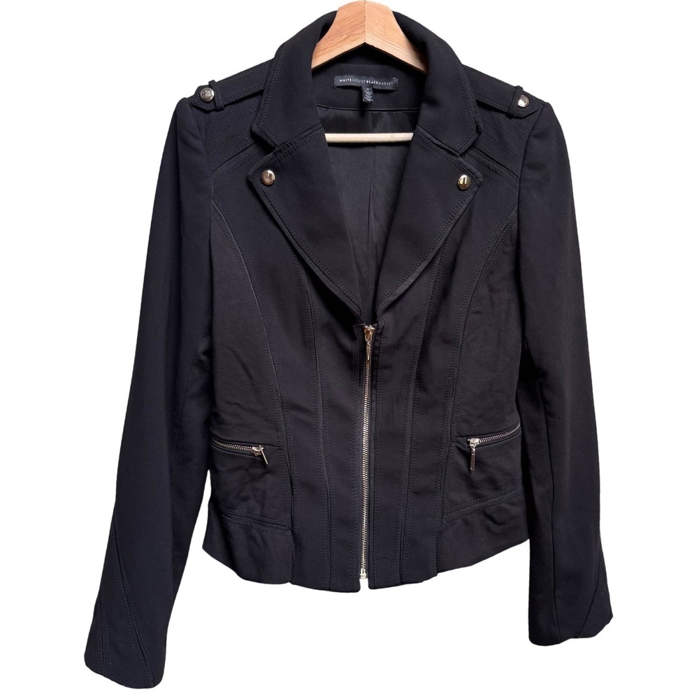 White House Black Market Black Military Moto Jacket Sz8 Epaulettes Full Zip Y2K